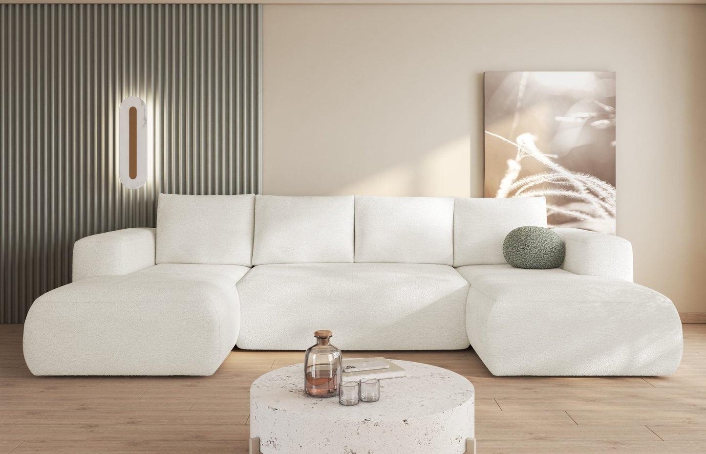 U-shaped Lambi corner sofa in boucle fabric with modern design.