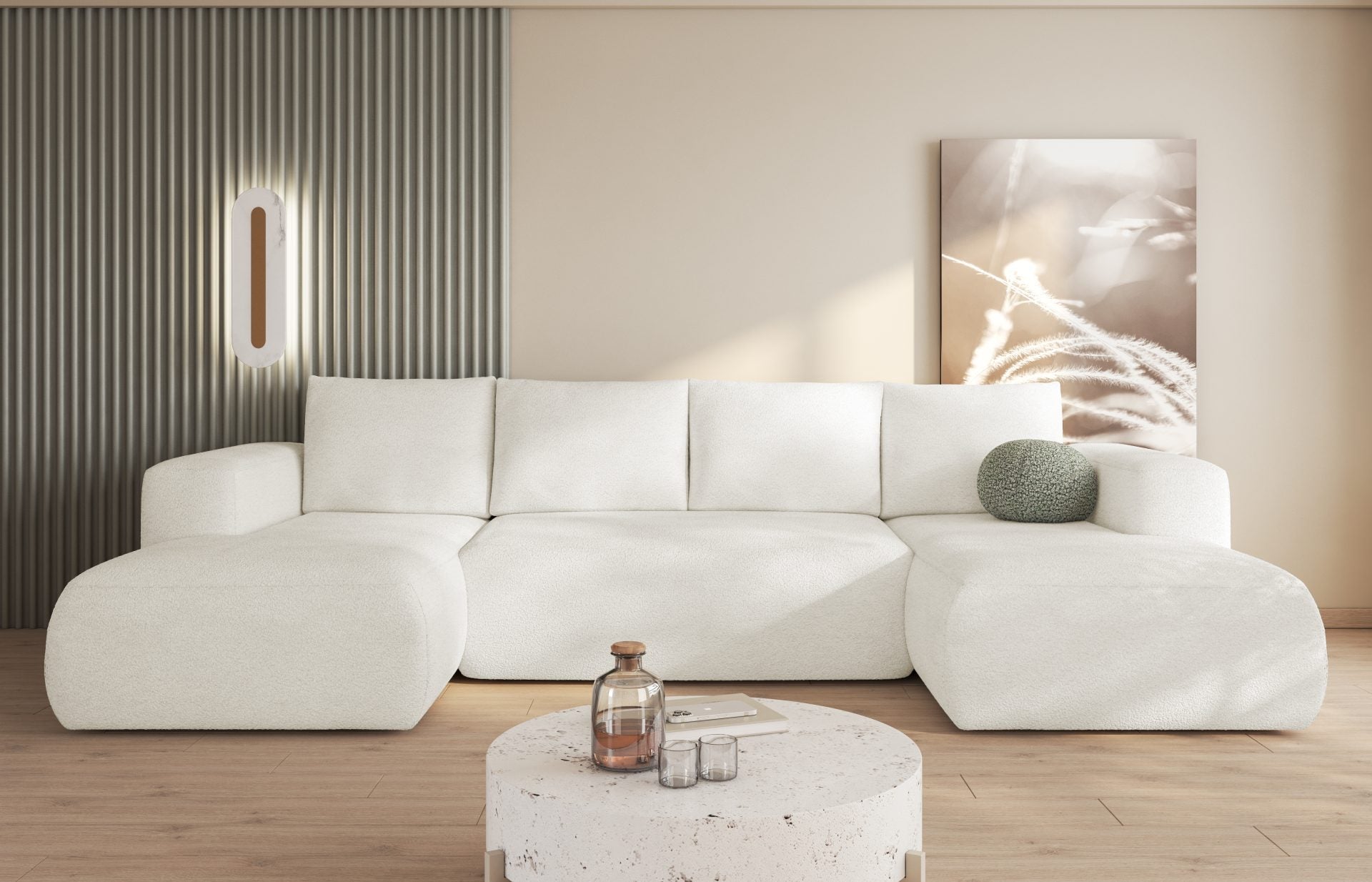U-shaped Lambi corner sofa in boucle fabric with modern design.