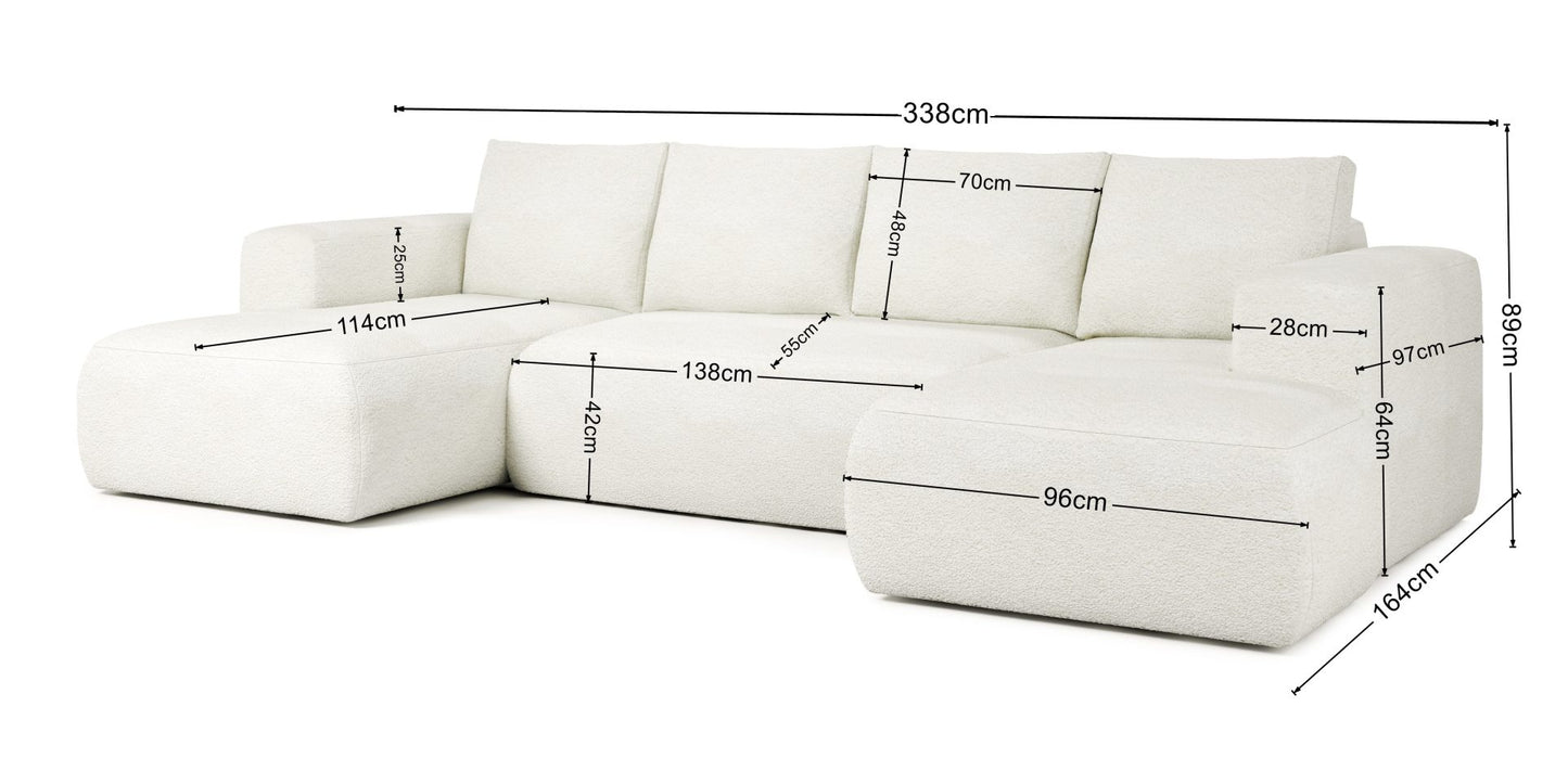 U-shaped corner sofa LAMBI with sleeping function in boucle fabric, featuring dimensions for stylish and functional living spaces.