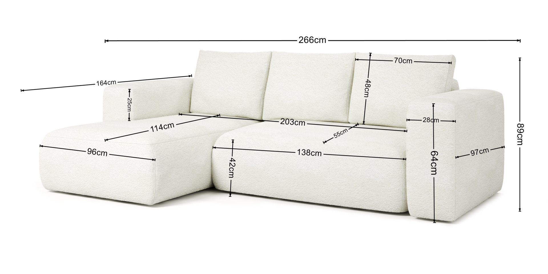 LAMBI Corner Sofa Bed with multicolored upholstery, dimensions 89cm height, 164cm length, 266cm width, versatile sofa-bed combo.