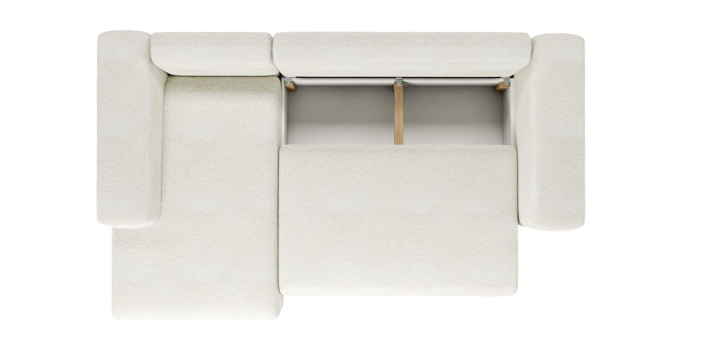 LAMBI corner sofa bed with white upholstery, top view, storage compartment visible.