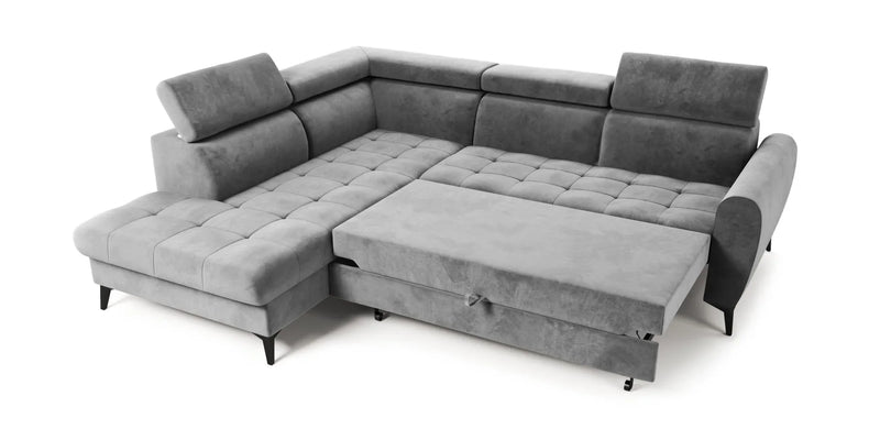 BJORN L Corner Sofa Bed with adjustable headrests and quilted seats in velour Monolith fabric.