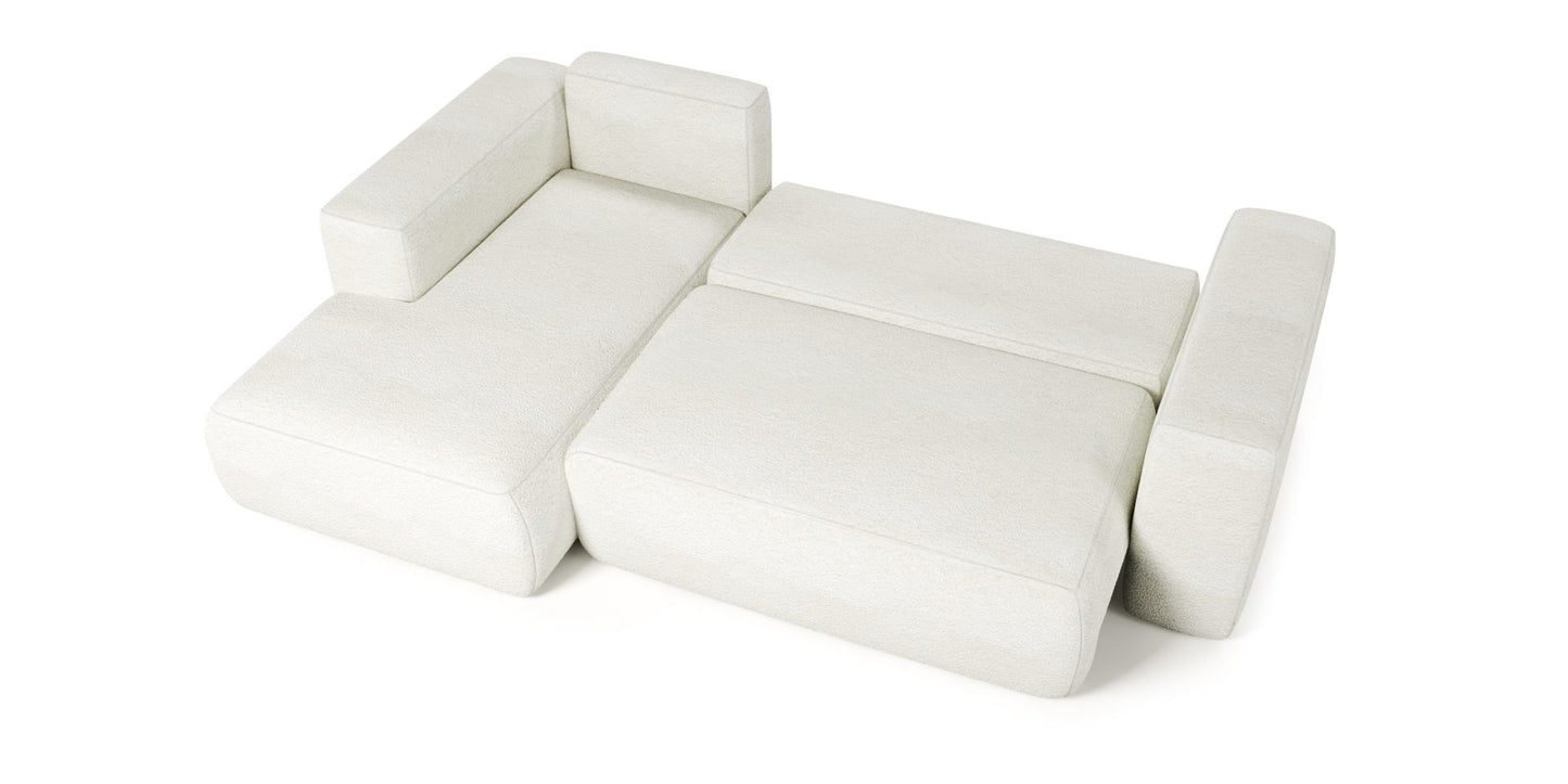 LAMBI corner sofa bed in white fabric, convertible design, modern style.