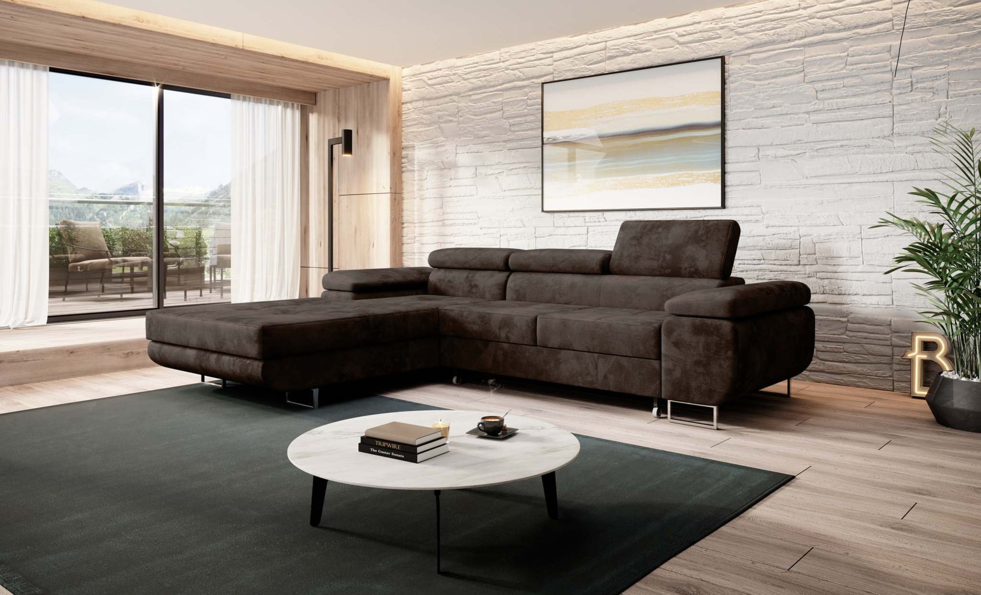 Modern Norberg corner sofa bed in a stylish living room setting.