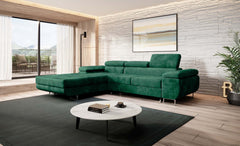 Norberg corner sofa bed in a modern living room with green upholstery, L-shaped design, and fold-out sleeping function.