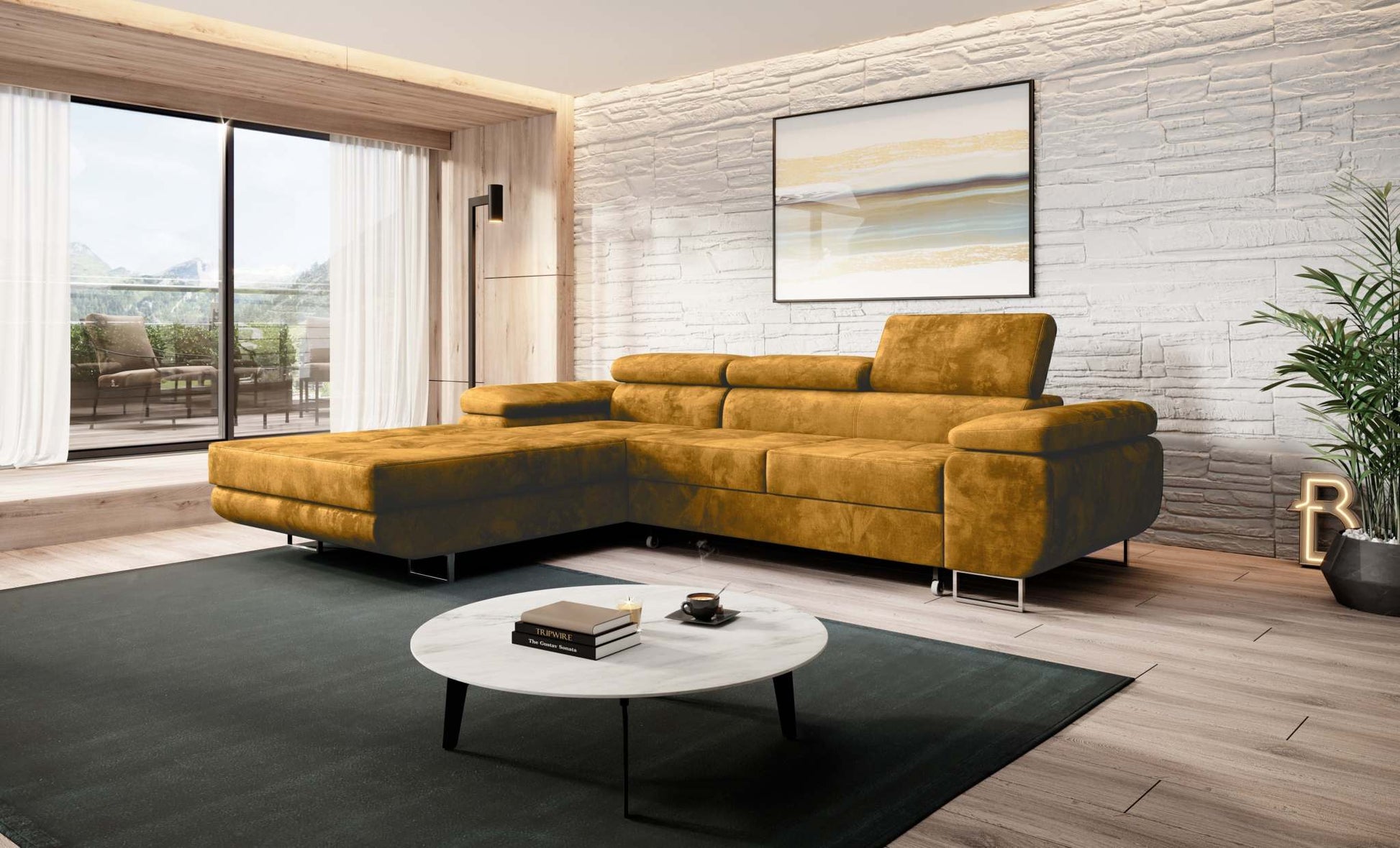 Modern living room with Norberg corner sofa bed in a sleek design, featuring adjustable headrests and an L-shaped configuration.