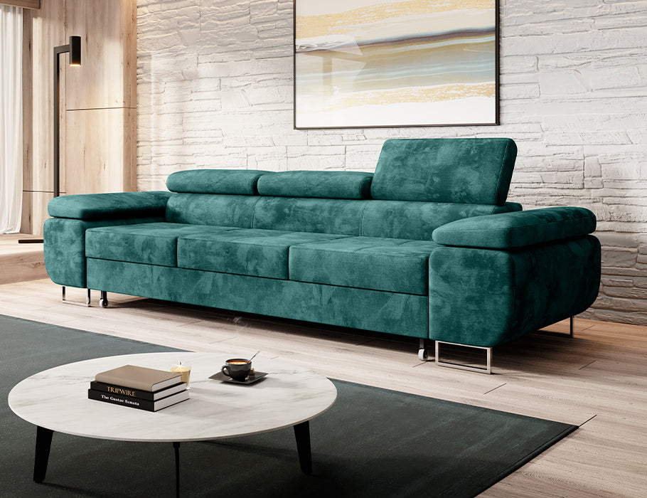 NORBERG Sofa Bed in green velvet in a modern living room setting.
