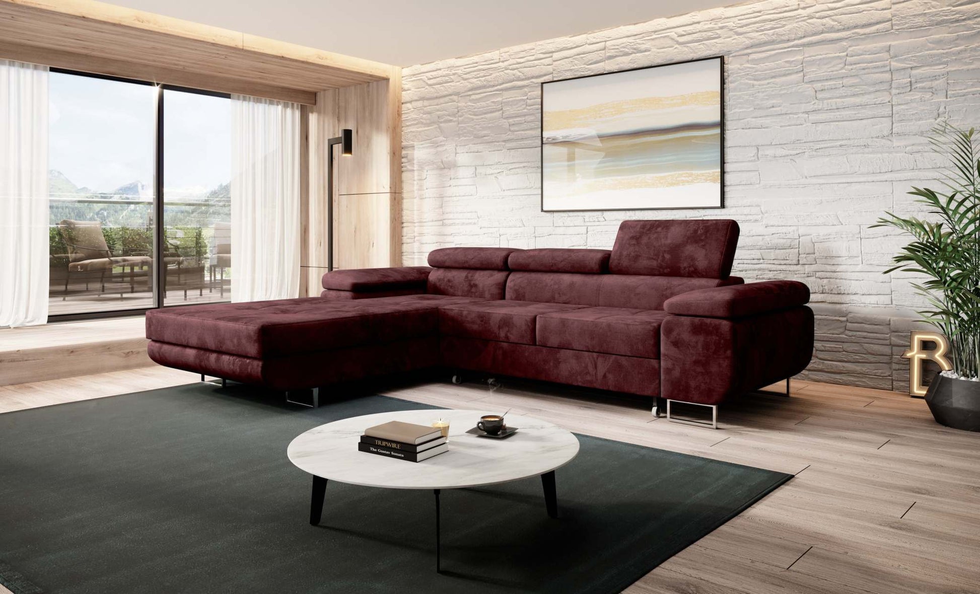 Modern Norberg corner sofa bed in a spacious living room setting with adjustable headrests and inclined armrest.