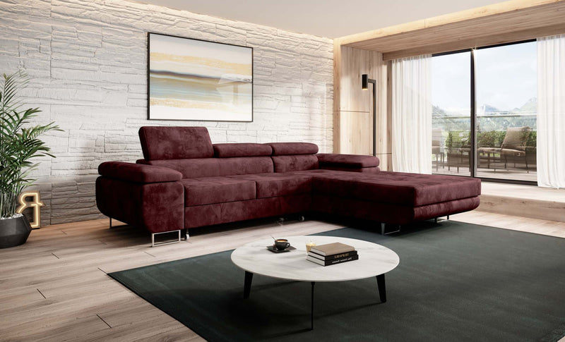 Modern Norberg corner sofa bed in spacious living room, featuring inclined armrest and adjustable headrests, stylish design, and fold-out sleeping function.