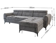 BJORN Corner Sofa Bed with dimensions and quilted seats in velour Monolith fabric.
