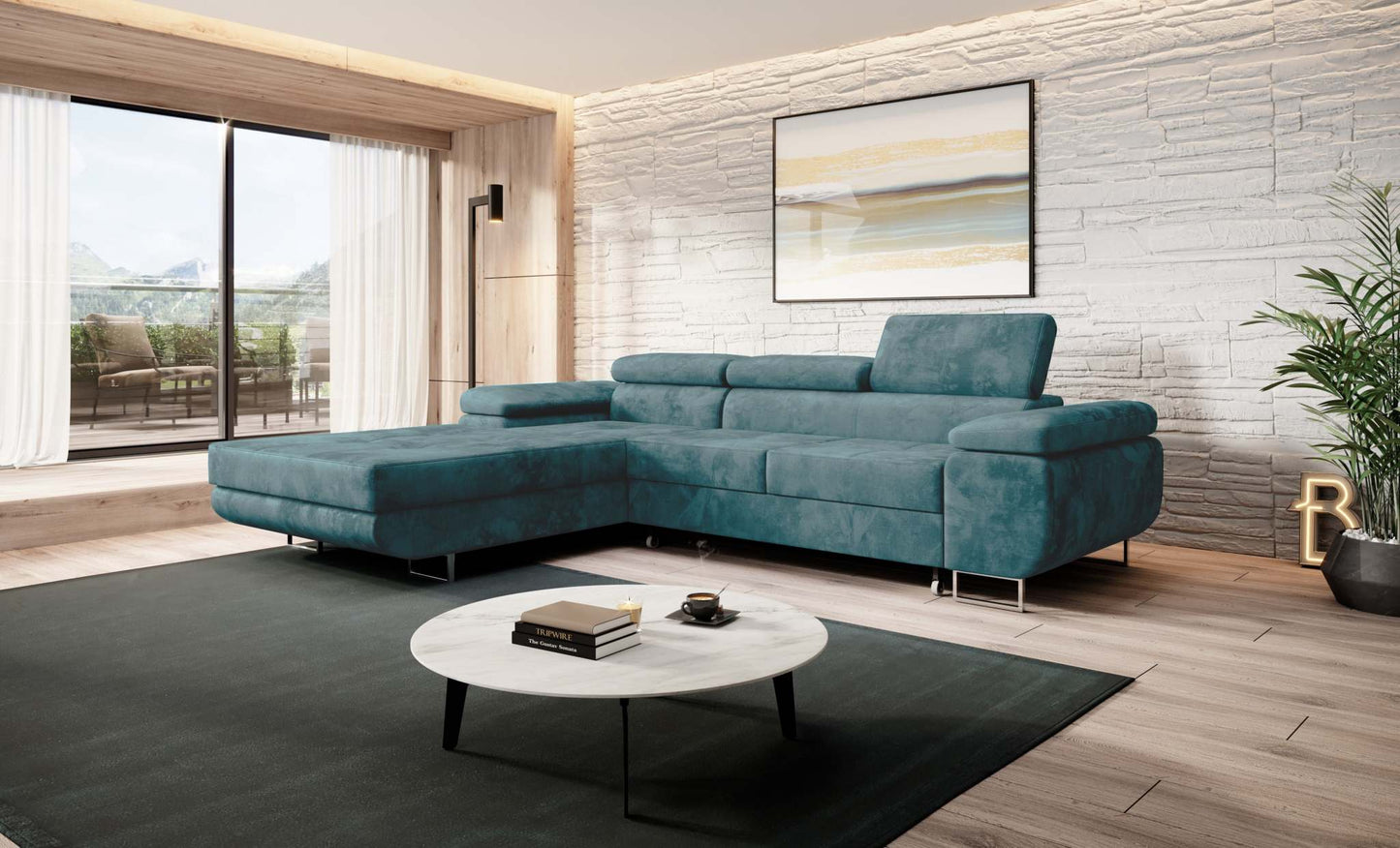 Modern Norberg corner sofa bed in a stylish living room setting with wooden flooring and natural light.