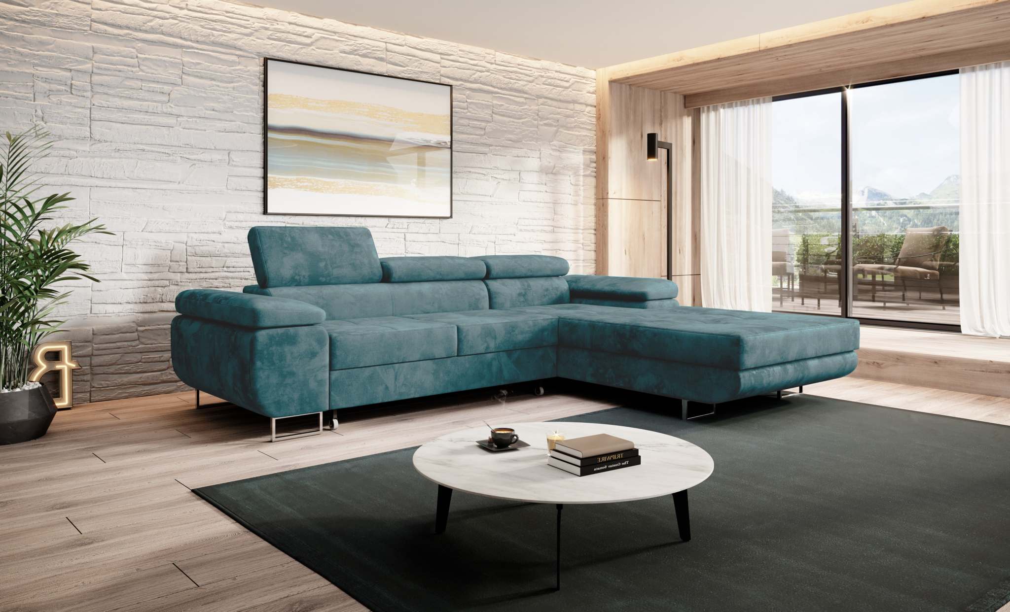 Modern Norberg corner sofa bed in spacious living room with adjustable headrests and angled armrest.