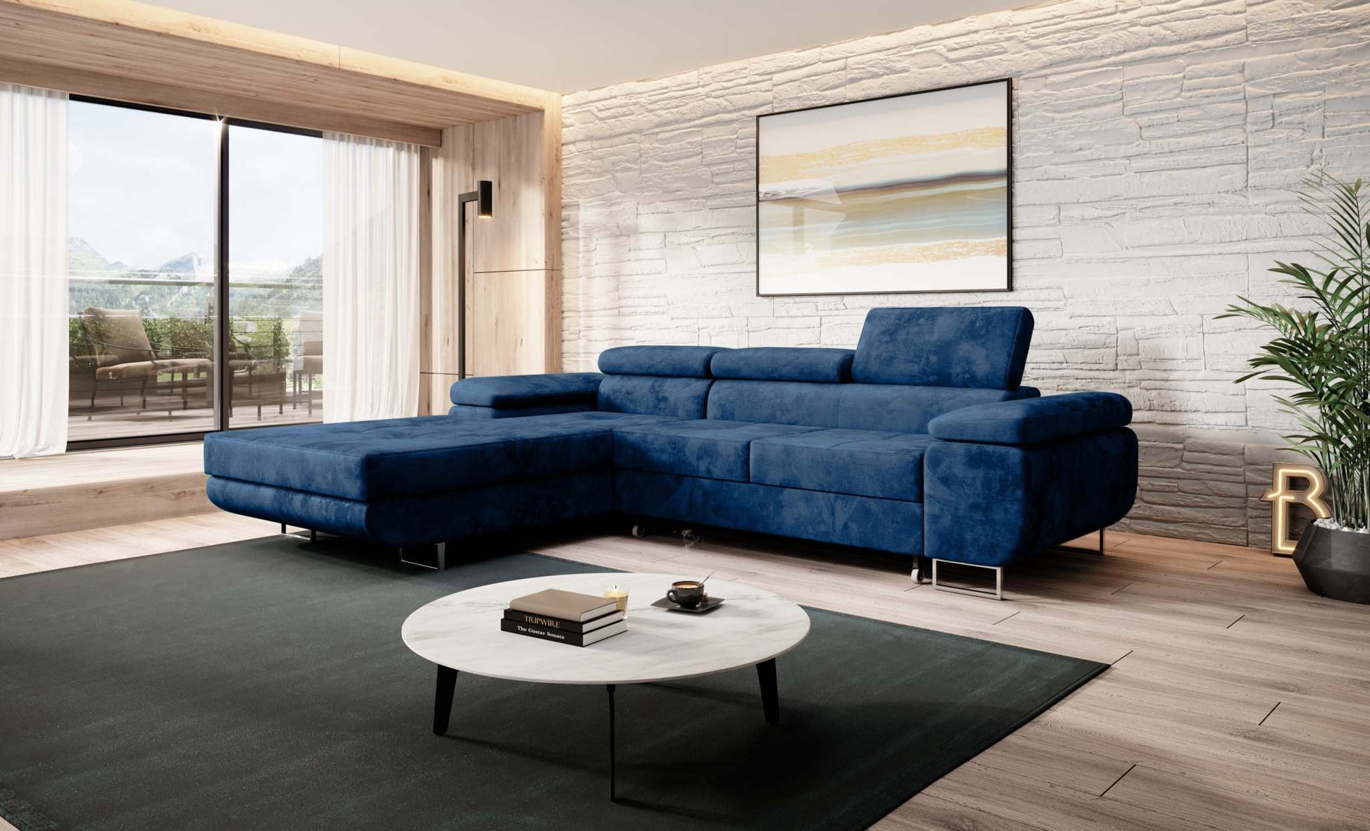 Modern Norberg corner sofa bed in a stylish living room setting with natural light.