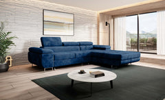 Modern blue Norberg corner sofa bed in a spacious living room.