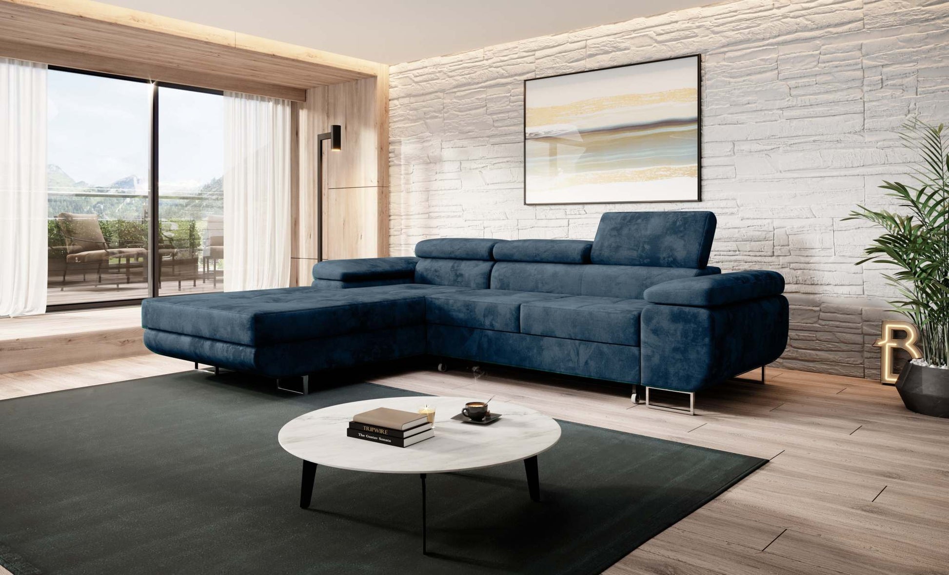 Modern Norberg corner sofa bed in navy fabric with adjustable headrests and angled armrest in a stylish living room.
