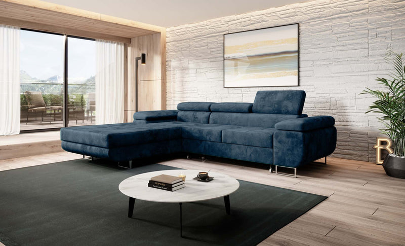 Modern Norberg corner sofa bed in navy fabric with adjustable headrests and angled armrest in a stylish living room.