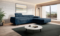 Modern Norberg corner sofa bed in a stylish living room setting with adjustable headrests and an inclined armrest.