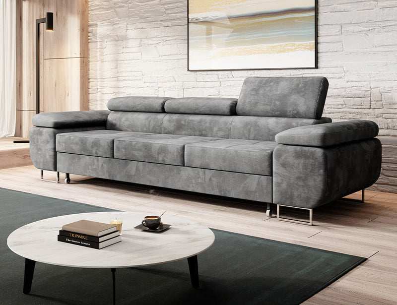 NORBERG Sofa Bed with adjustable headrests in a modern living room setting.