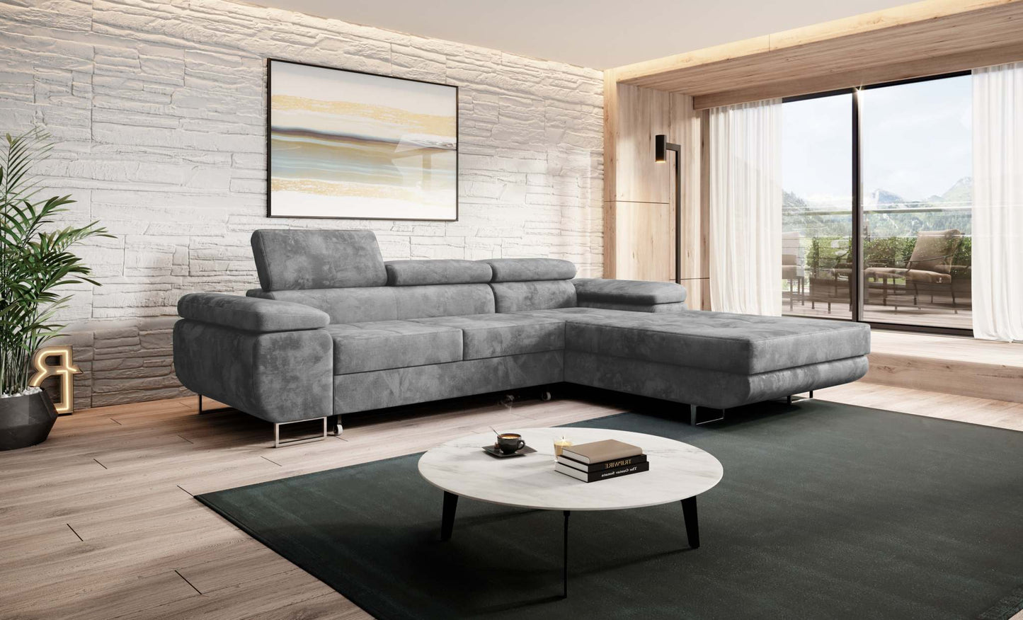 Modern Norberg corner sofa bed in a stylish living room, showcasing its versatile design and L-shaped layout.