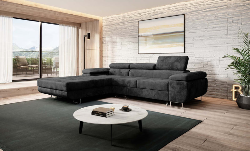 Modern Norberg corner sofa bed in a stylish living room with adjustable headrests and L-shaped design.