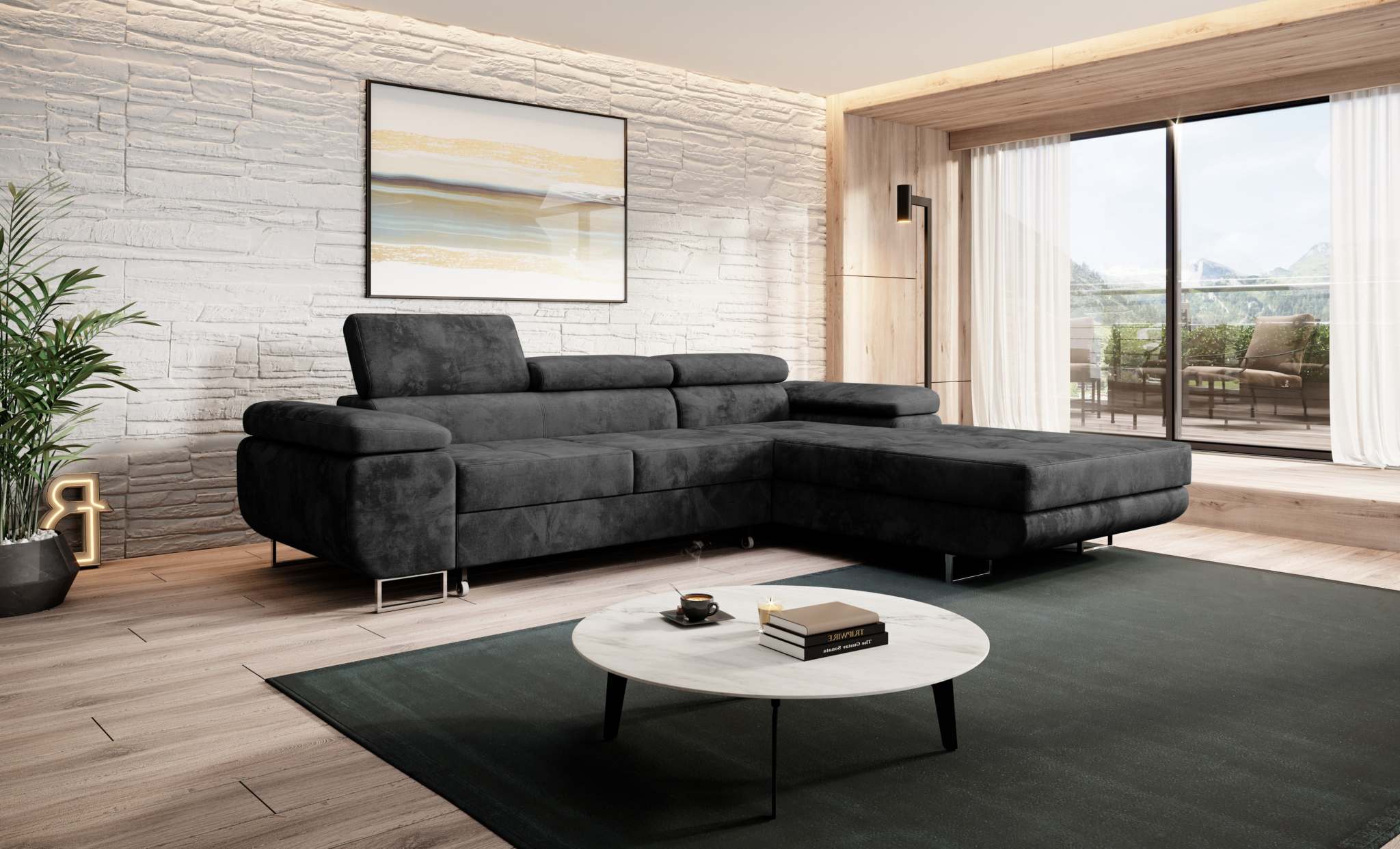 Modern living room featuring a black Norberg corner sofa bed with adjustable headrests and sleek design.