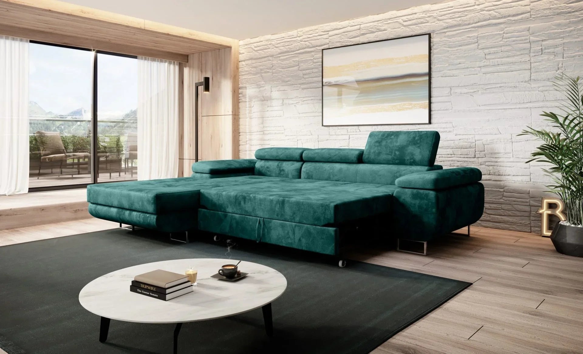 Luxurious green NORBERG corner sofa bed in modern living room with velvet fabric and automatic unfolding mechanism.