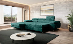 Luxurious green NORBERG corner sofa bed in modern living room with velvet fabric and automatic unfolding mechanism.