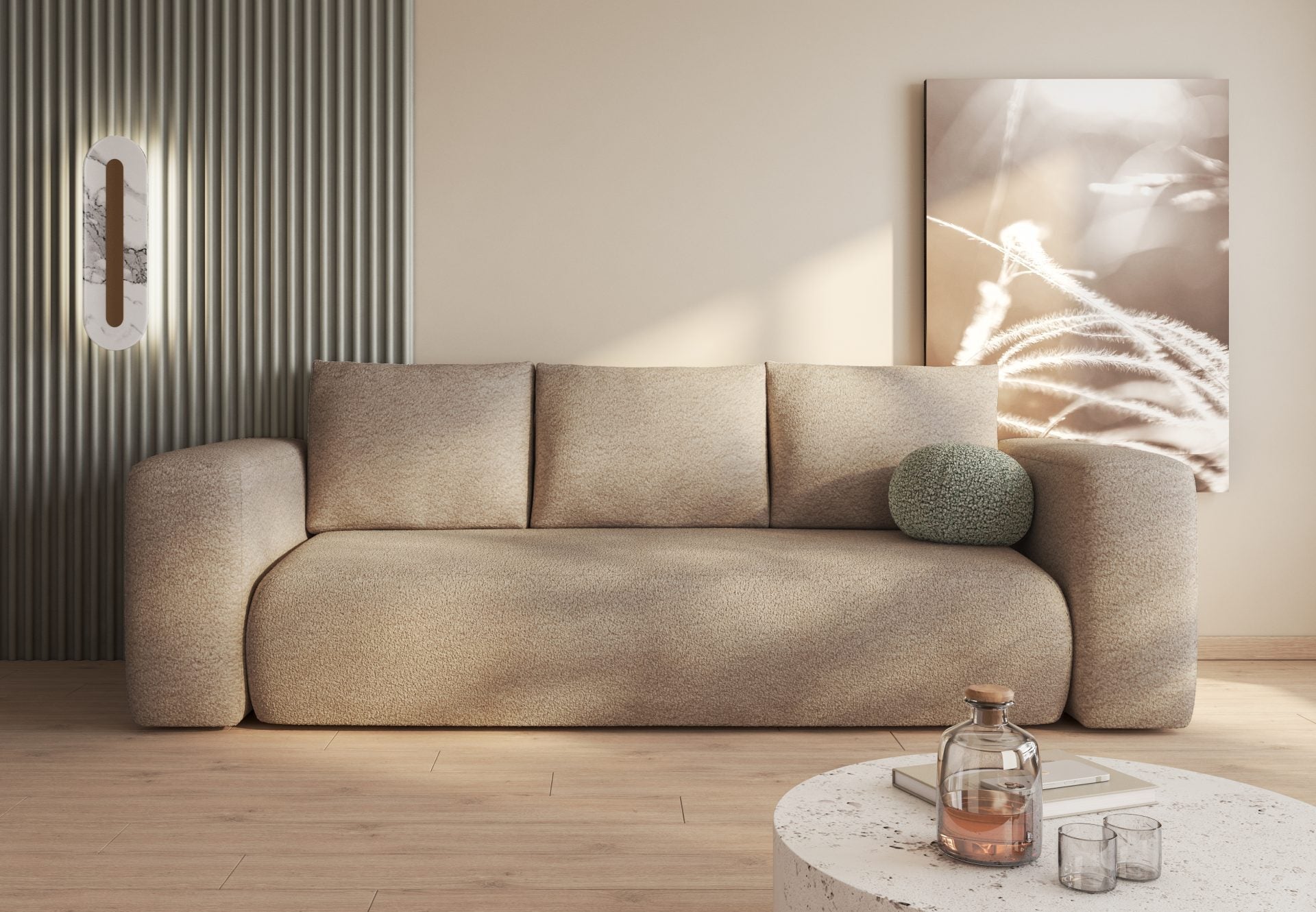 LAMBI sofa bed in high-quality boucle fabric, modern living room setting.