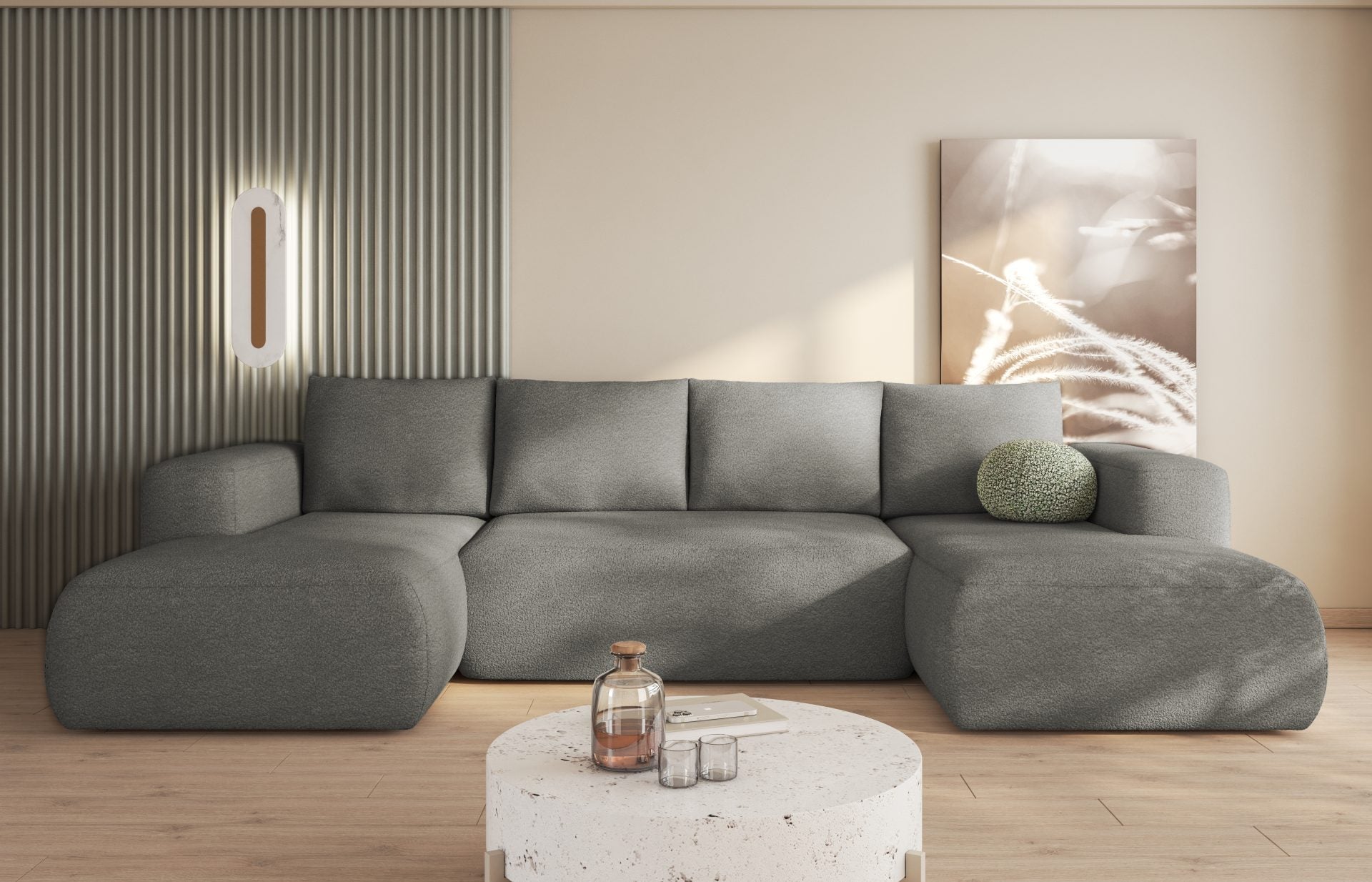 U-shaped corner sofa with boucle fabric, featuring a sleeping function and bedding container, in a modern living room.