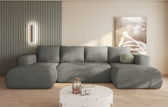 U-shaped corner sofa with boucle fabric, featuring a sleeping function and bedding container, in a modern living room.