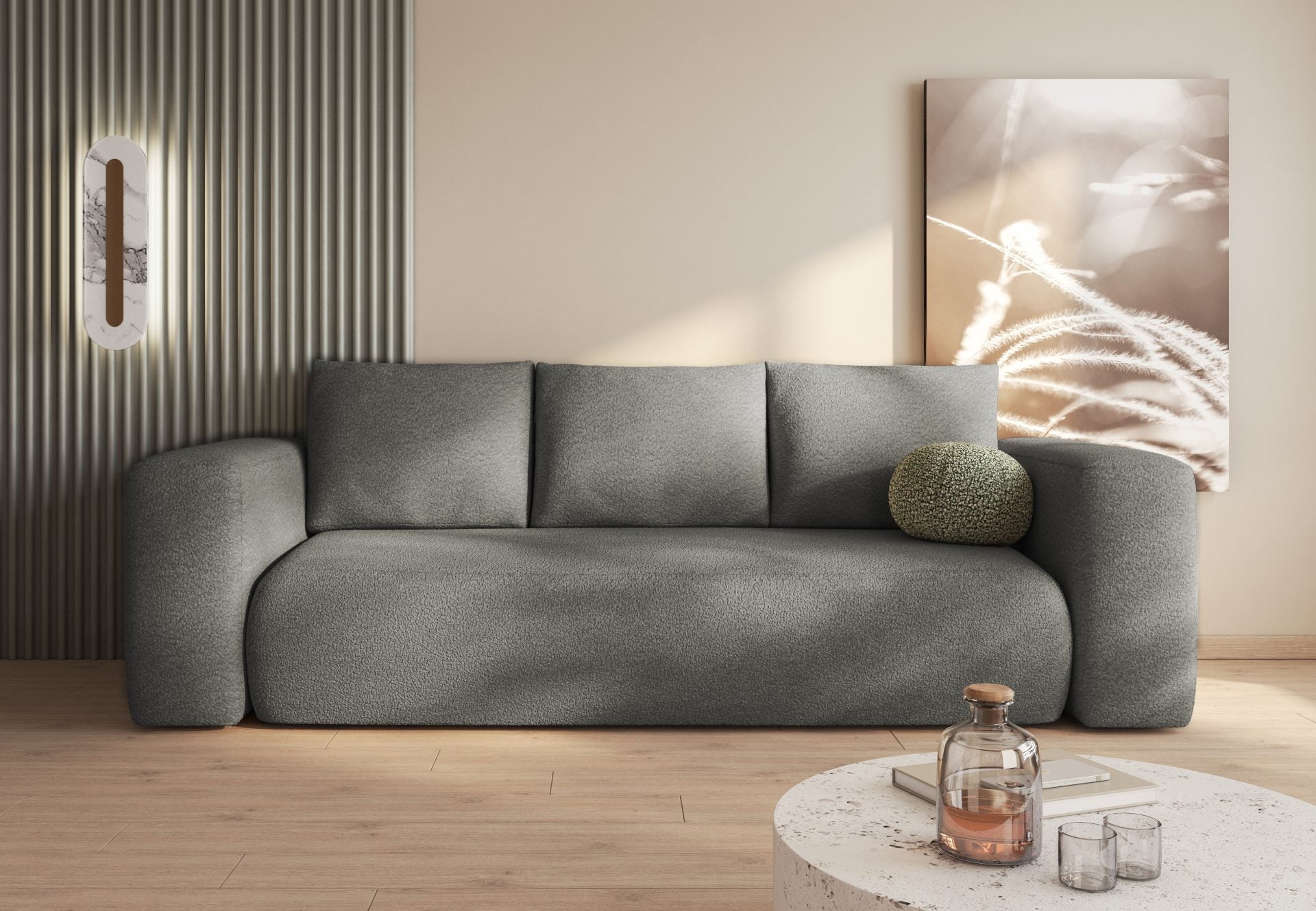Modern LAMBI sofa bed in boucle fabric in stylish living room.
