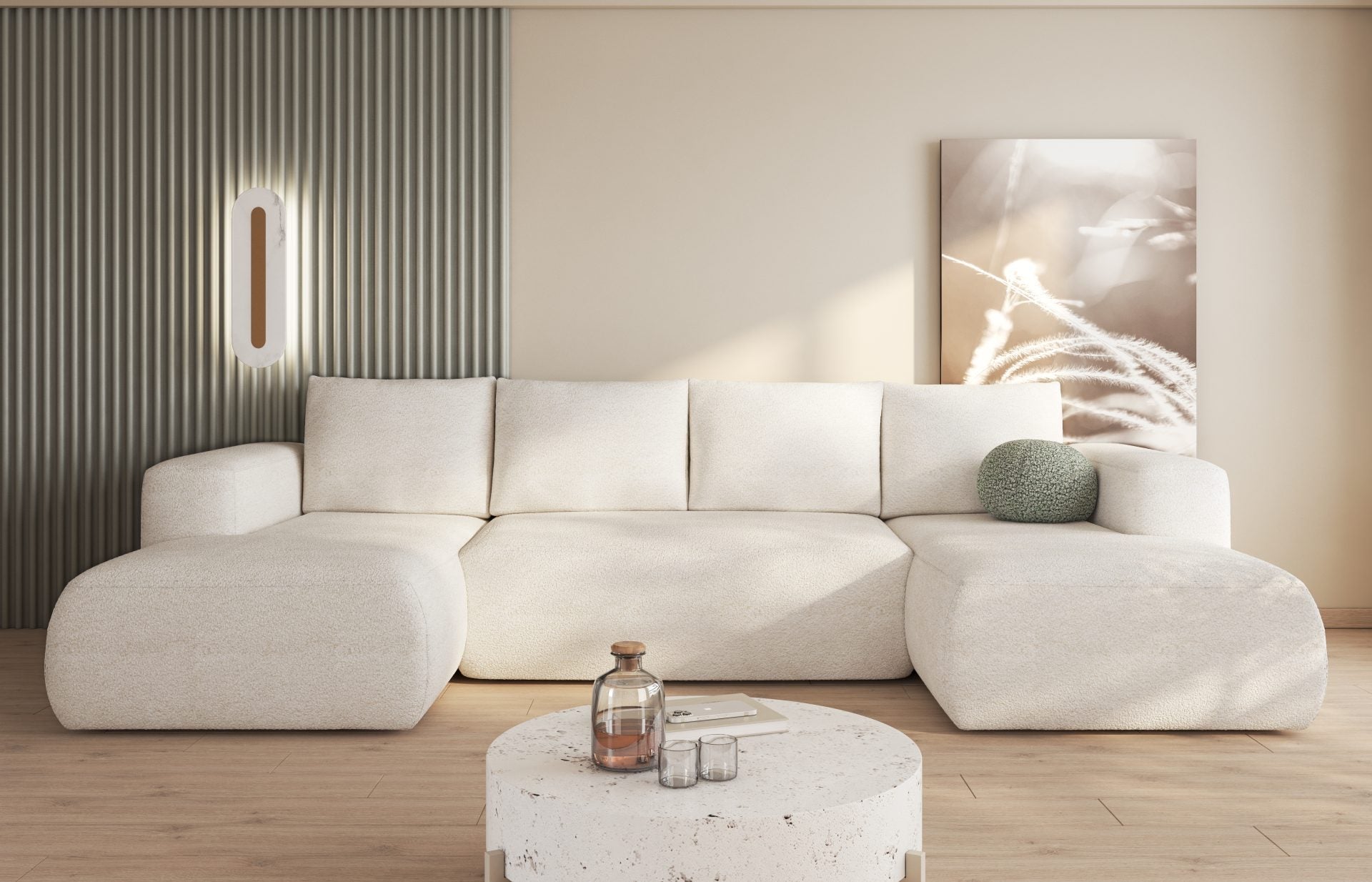 U-shaped corner sofa with boucle fabric and sleeping function in modern living room.