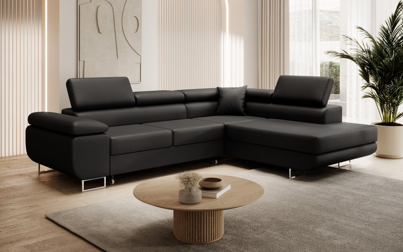 ASTON Corner Sofa Bed in black with adjustable headrests and wave springs for enhanced comfort, elegant and functional design suitable for modern interiors.