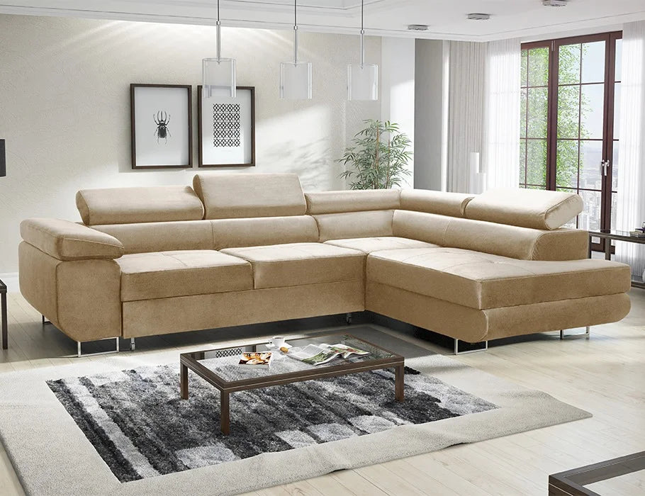 Modern beige ASTON corner sofa bed in living room with adjustable headrests.