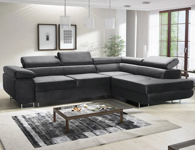 ASTON Corner Sofa Bed in stylish living room setting with modern design and adjustable headrests.