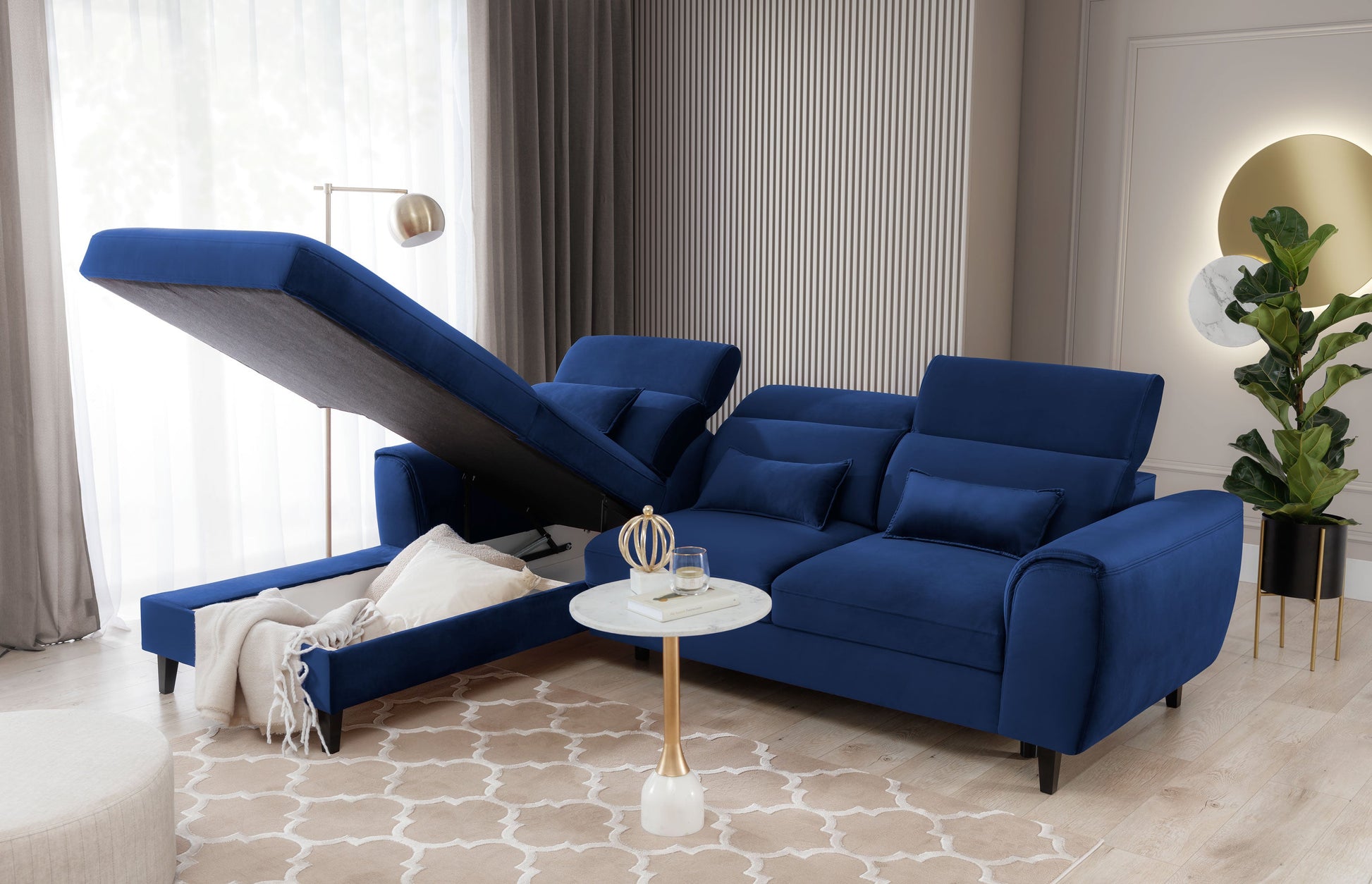 Luxurious and modern FOBLE Corner Sofa Bed in a stylish living room setting.