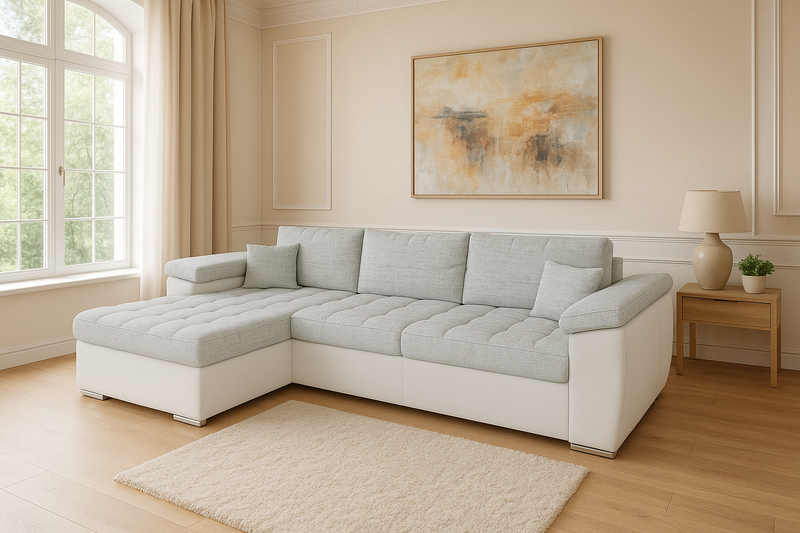 Vegas Corner Sofa Bed with two-tone design in a modern living room setting.