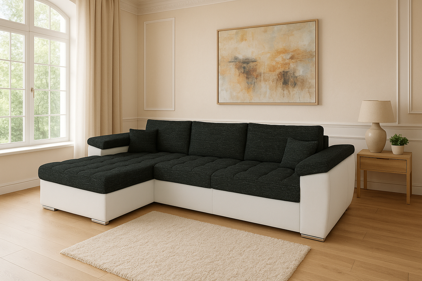 Modern Vegas Corner Sofa Bed in a stylish L-shape, featuring dark textured cushions and a light leather-style base.