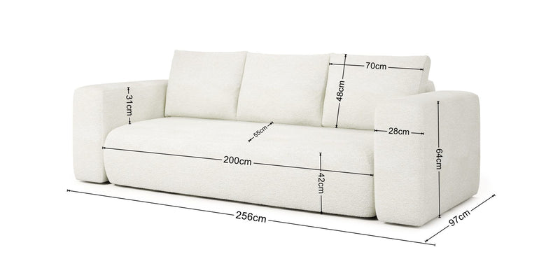 White LAMBI sofa bed in boucle fabric with sleeping function, modern design.