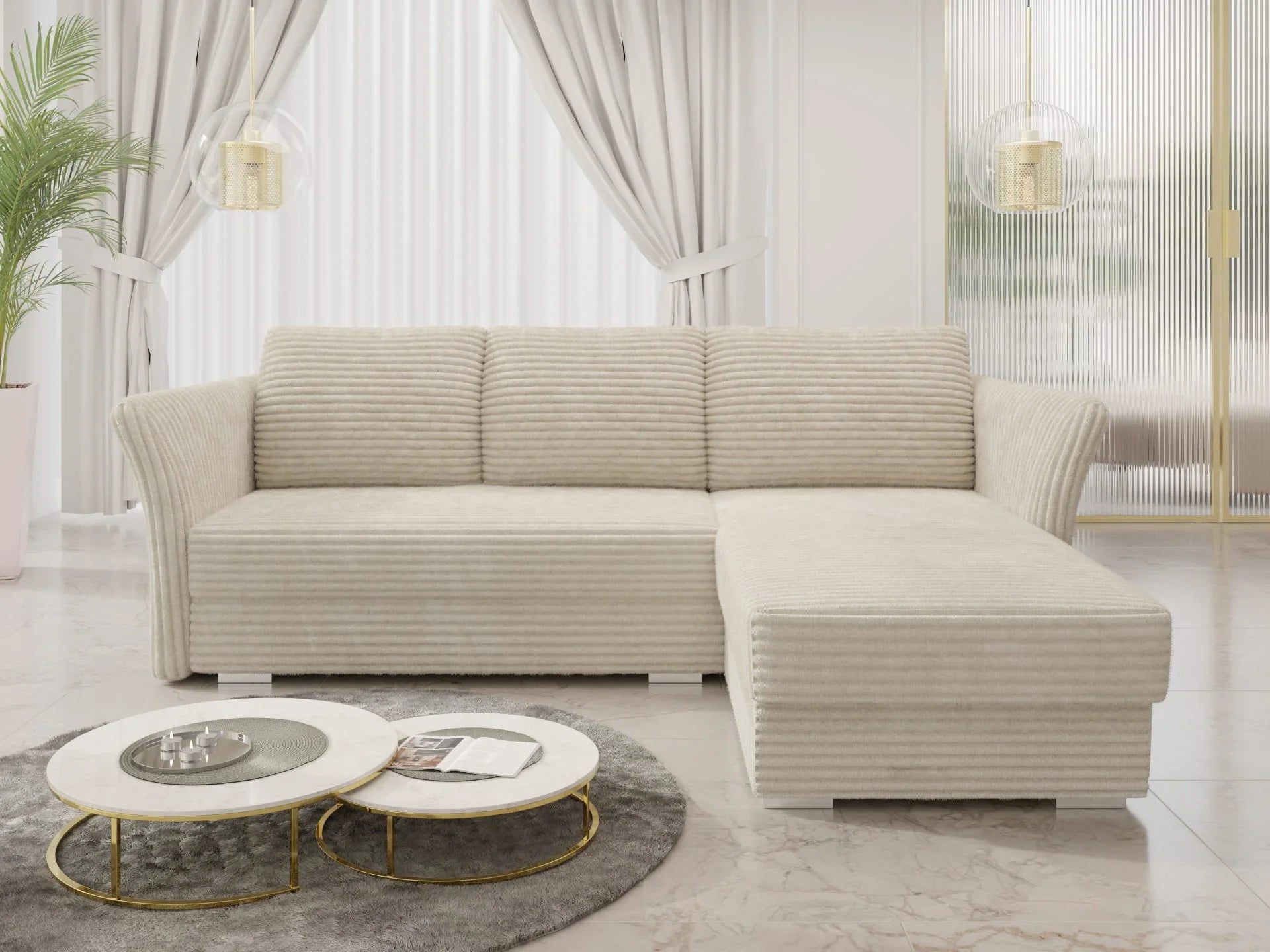 Elegant MARINO Corner Sofa Bed in plush corduroy fabric, versatile design for modern interiors.