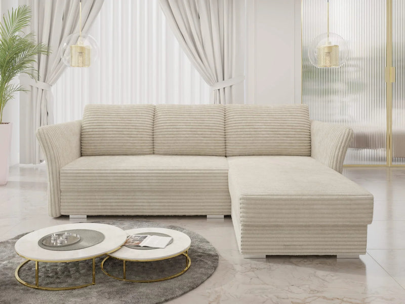 Elegant MARINO Corner Sofa Bed in plush corduroy fabric, versatile design for modern interiors.