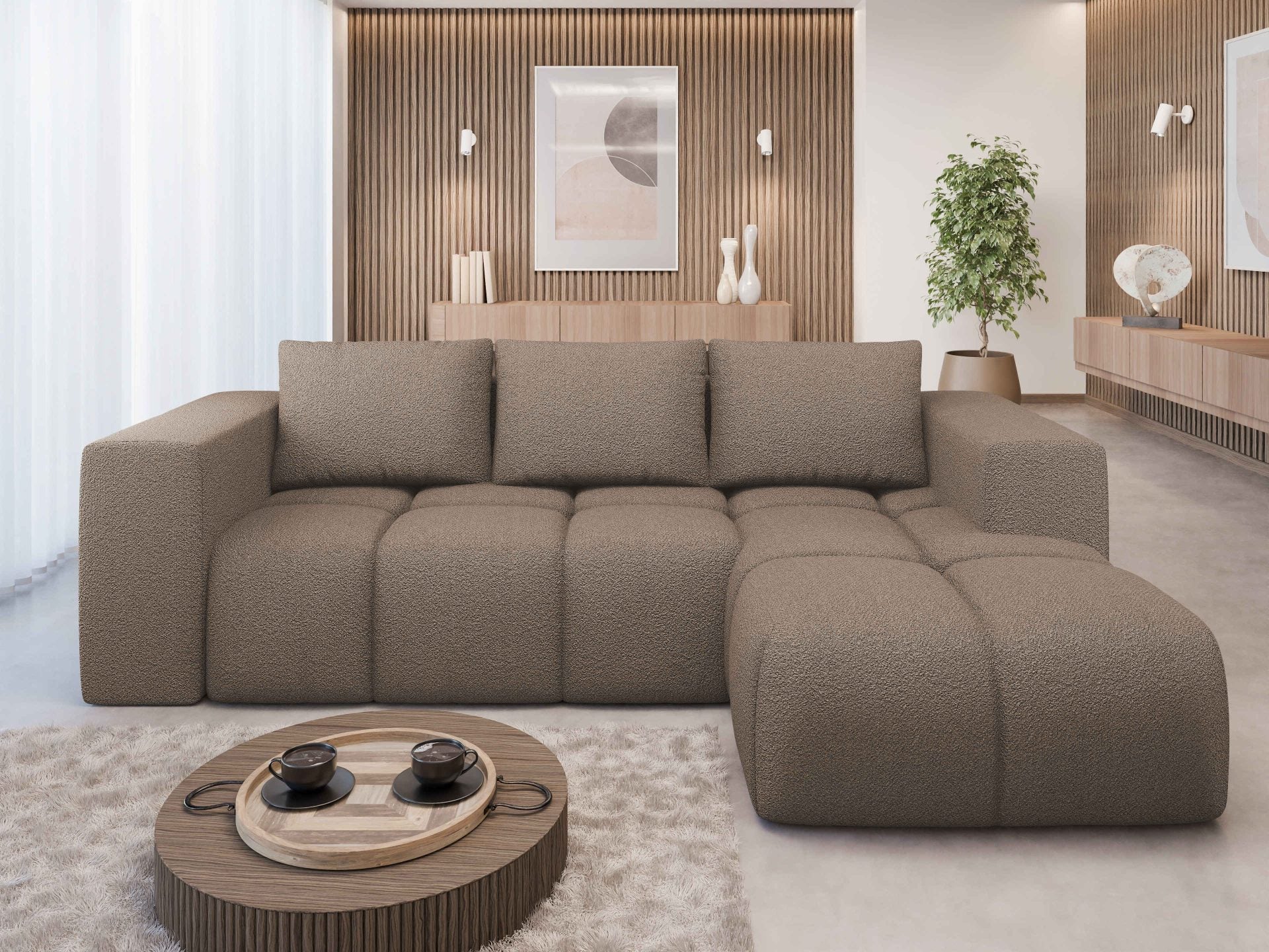 FLAVIO Corner Sofa Bed in modern living room setting with brown upholstery.
