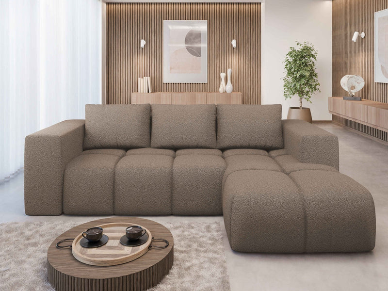 FLAVIO Corner Sofa Bed in modern living room setting with brown upholstery.