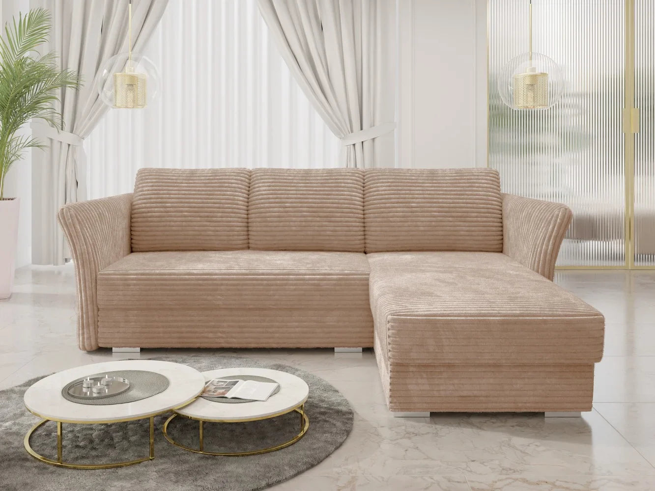 Elegant beige MERINO Corner Sofa Bed in plush Tilia fabric, offering a modern touch to living spaces with DL sleeping function and spacious design.