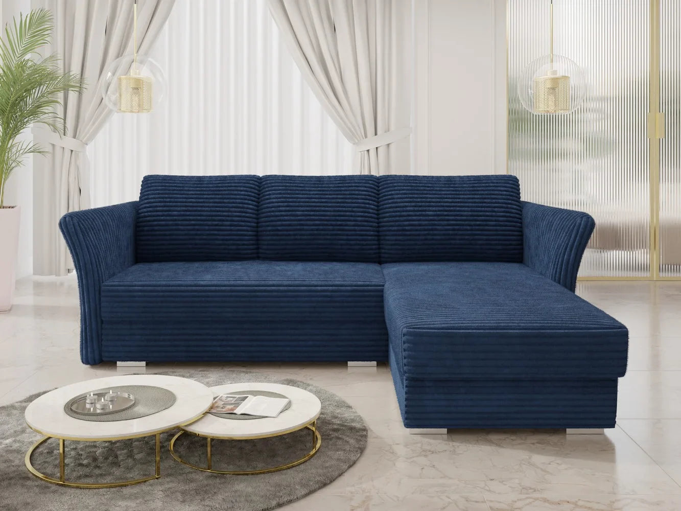 Blue MARINO Corner Sofa Bed in modern living room with plush corduroy fabric.