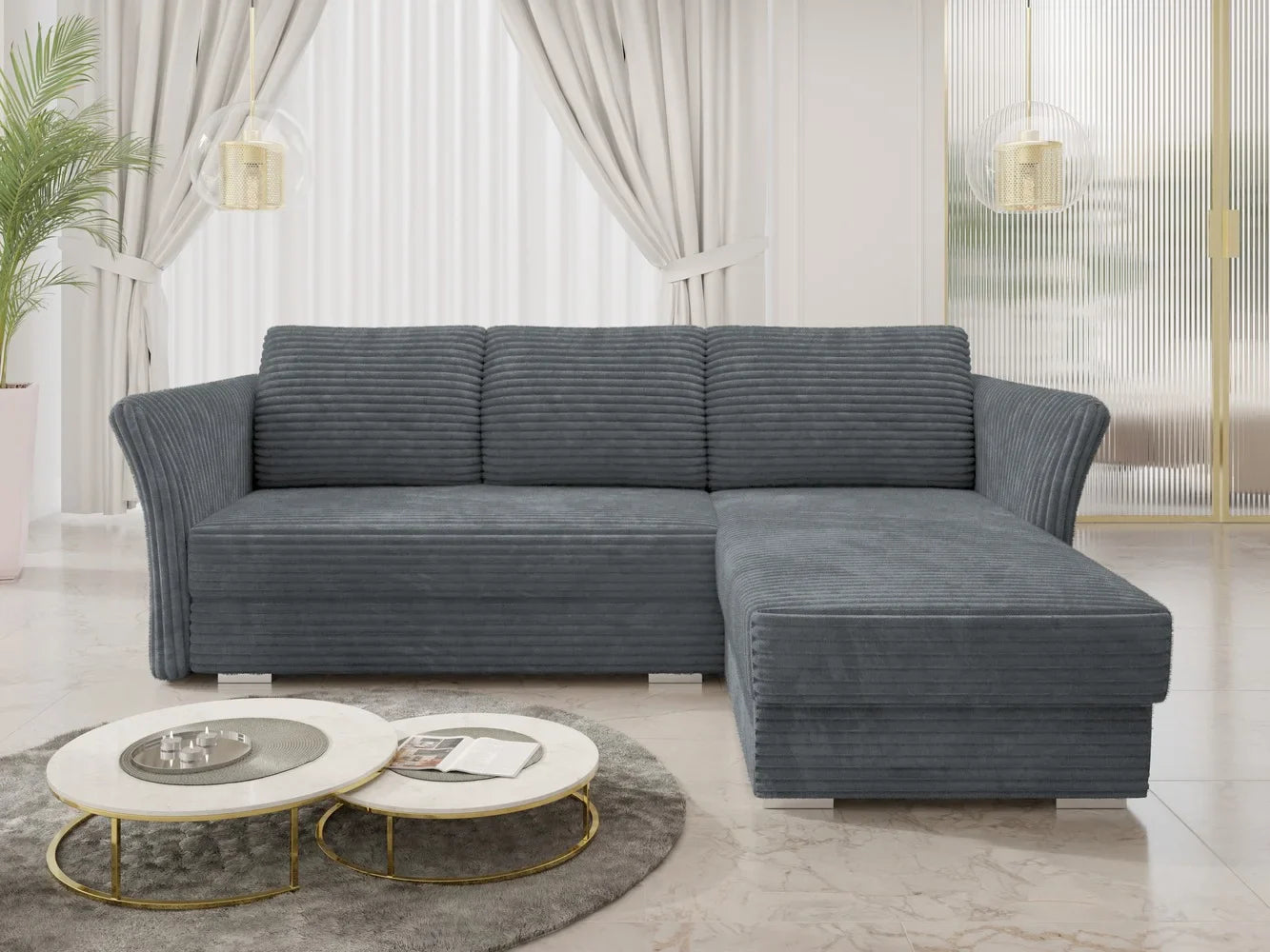 Luxurious MARINO Corner Sofa Bed with plush corduroy fabric in elegant room setting.