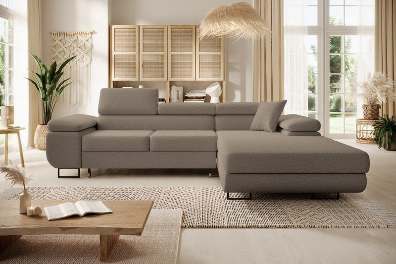 Luxurious NORBERG Corner Sofa Bed in boucle fabric in a stylish living room setting.