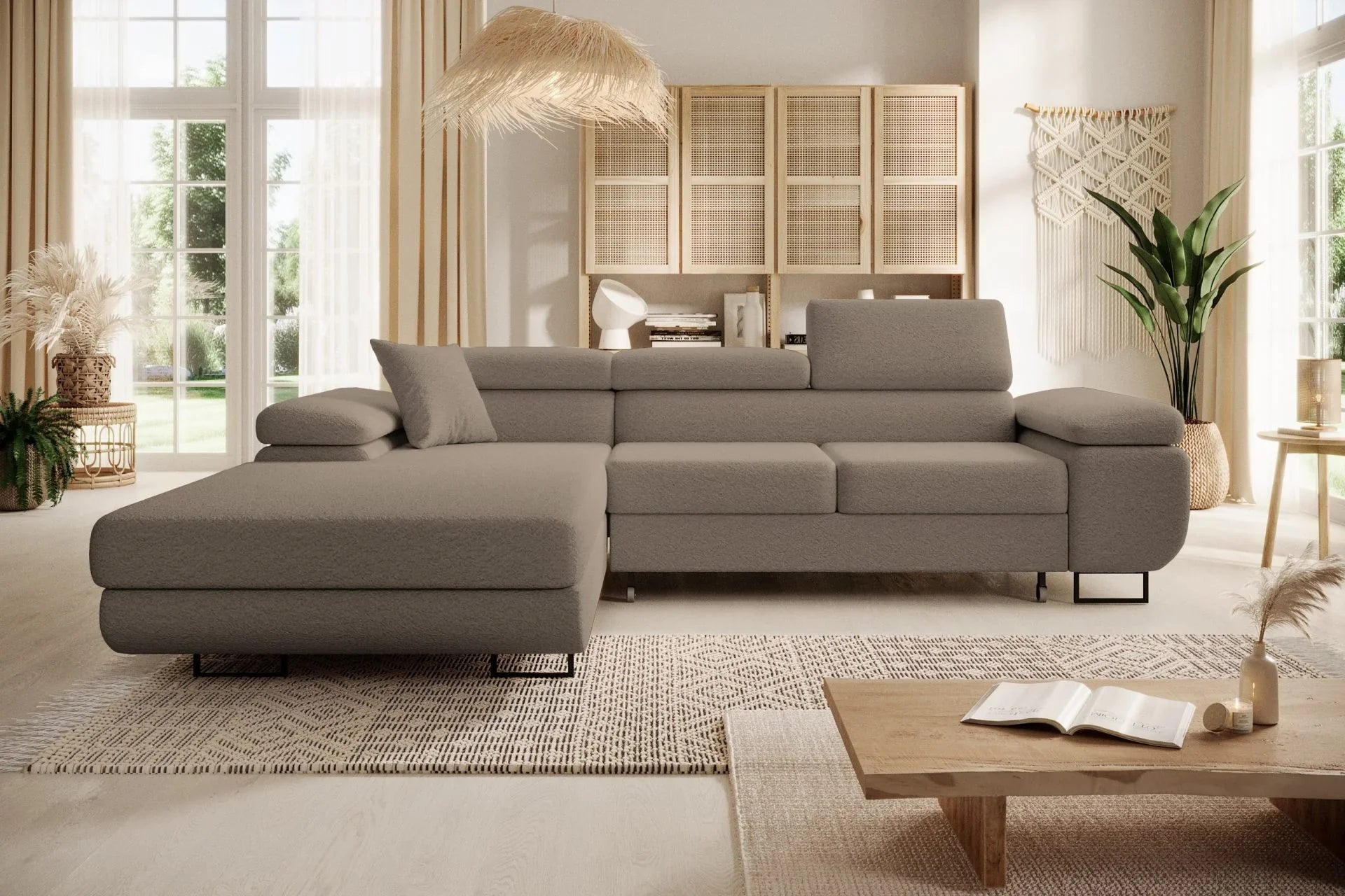 Luxurious NORBERG Corner Sofa Bed in boucle fabric, elegant living room setting.
