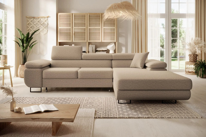 Luxurious NORBERG Corner Sofa Bed in boucle fabric, set in a stylish living room.