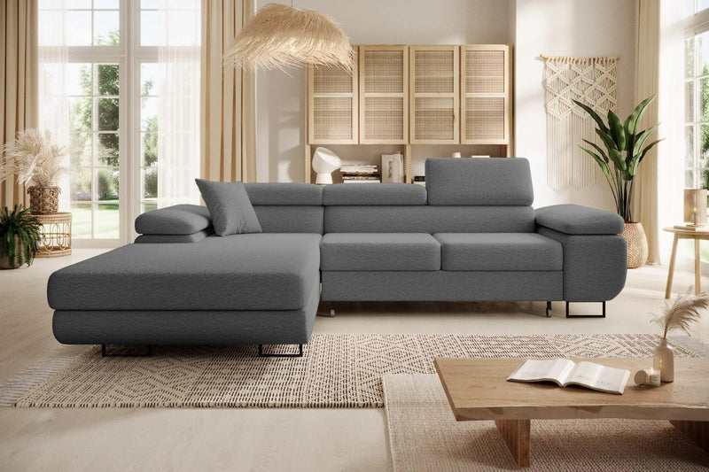 Luxurious NORBERG Corner Sofa Bed in boucle fabric in a stylish living room setting.